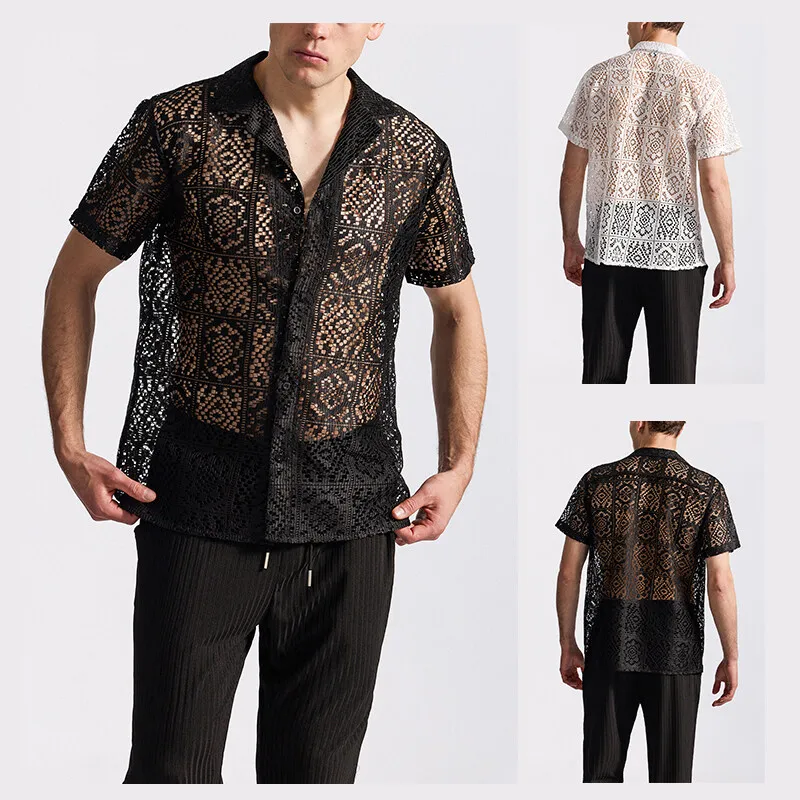 Mens Lace Shirts for The Club Wear Nightclub Sexy See Through Summer Short-sleeved Elegant Men's Luxury Hollow Out Dress Shirt