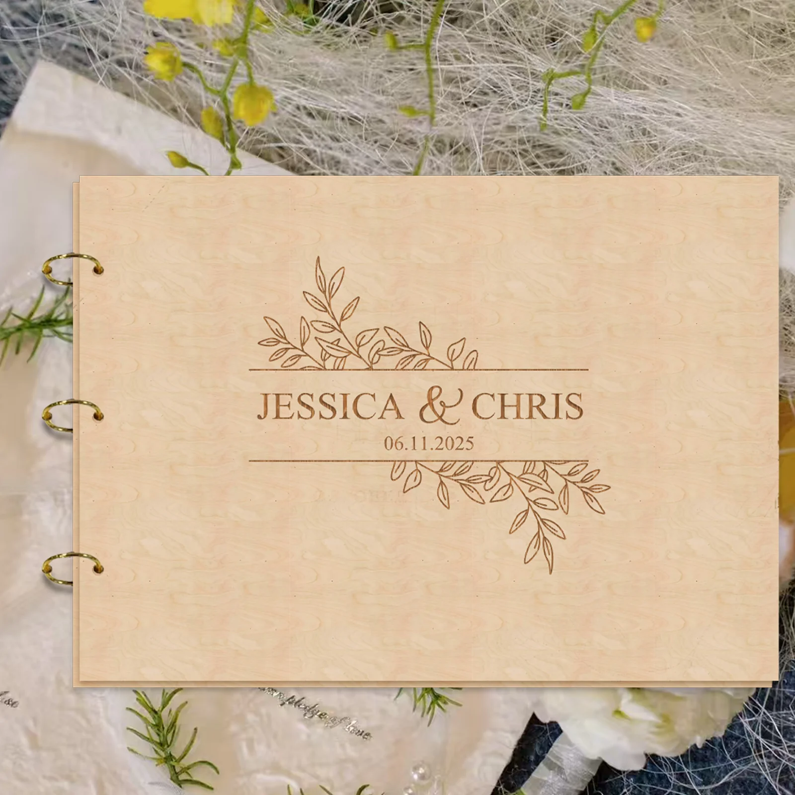 

Personalized Wooden Wedding Guest Book - A4 Landscape 31x21.5cm, Floral Design with Custom Name & Date, 30 Pages Keepsake