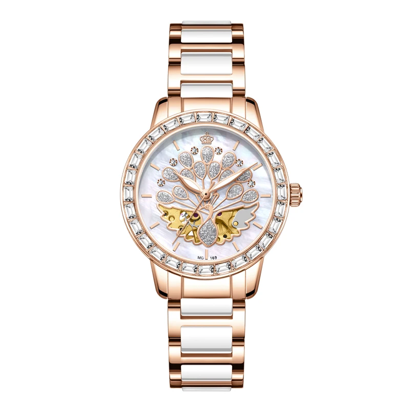 Top marque automatique mécanique femmes montre mode dames strass squelette or Rose céramique montres de luxe Reloj Mujer