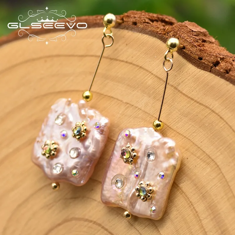 GLSEEVO High Quality Big Baroque Pink Pearl Drop Earrings For Women Wedding Fine Jewelry Brincos GE0835B