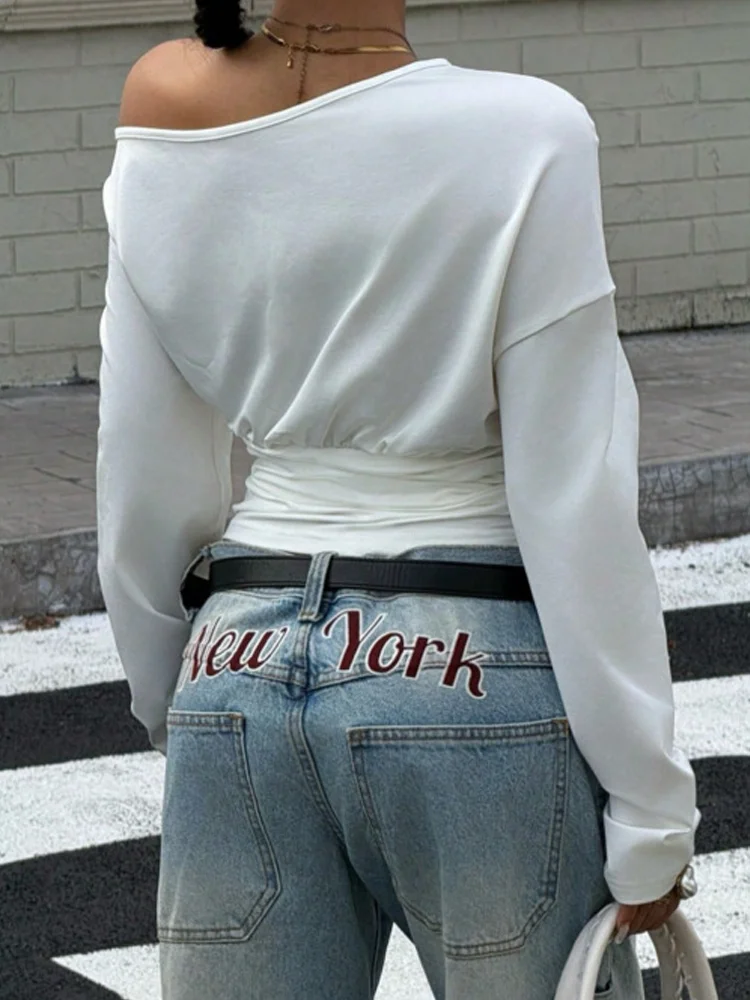 Women Off Shoulder Long Sleeve T Shirt Letter Print Ruched Waist Slim Crop Top Y2K Streetwear Slant Shoulder Casual Blouse