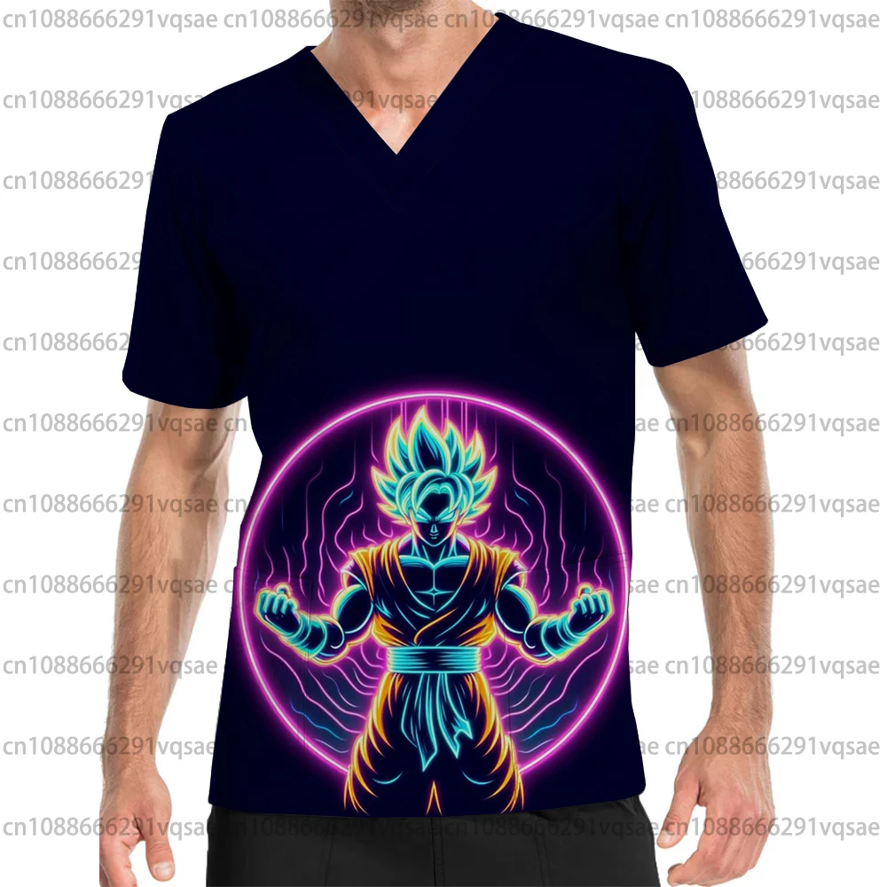 Summer New Men's Pocket V-Neck Scrub Top Dragon Ball Anime Men's Health Care Nurse Uniform Caregiver Work Short Sleeve T-Shirt