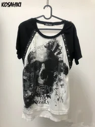 KOSAHIKI Skull Print Women Men T-shirt Gothic Harajuku Rock Style Short Sleeve T Shirt Punk Streetwear Y2k Japanese Dark Tops