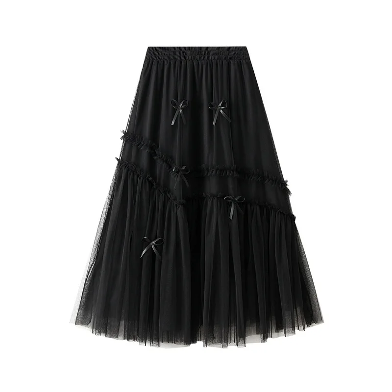 Purchase high-quality wooden ear edge patchwork mesh skirt for women's new versatile mid length large swing skirt