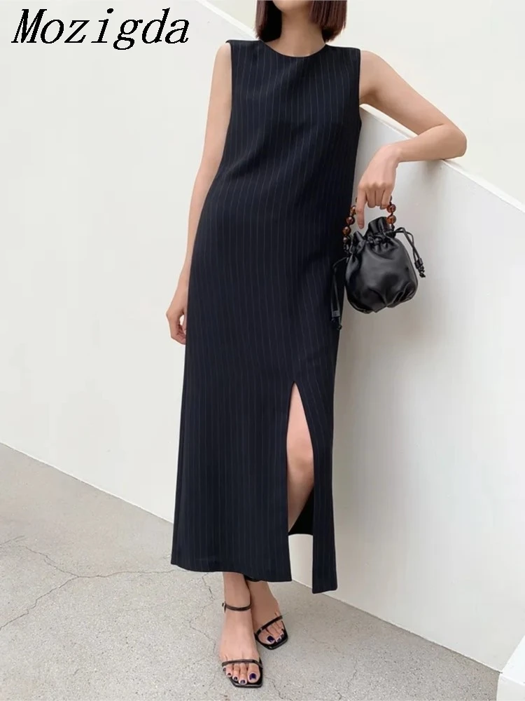 

Summer Striped Print Sleeveless Vest Dress Women Split Fashion Loose Pleated Ladies Dresses Casual Korean Style Woman Long Dress