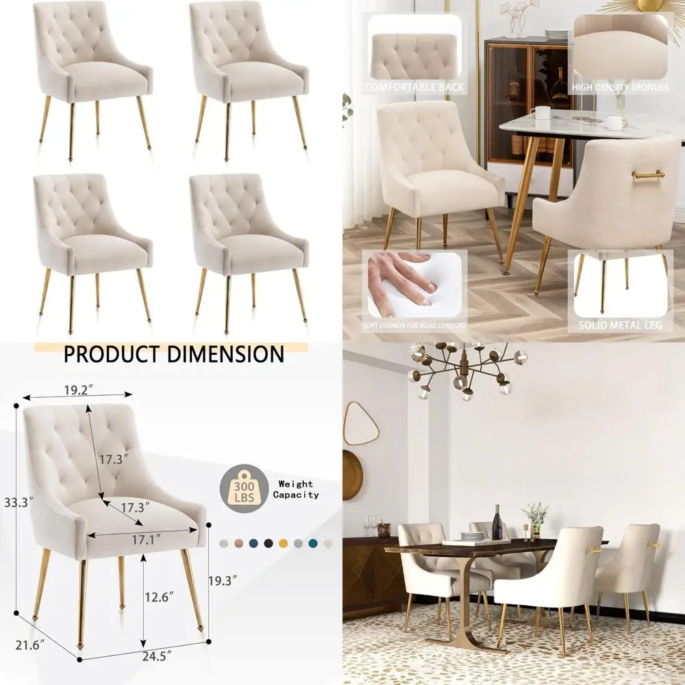Juego de 4 sillas de comedor tapizadas de terciopelo, sillas auxiliares con patas doradas, sillas decorativas modernas de mediados de siglo para sala de estar y comedor