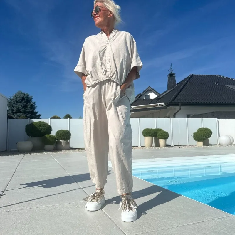 

Весенний простой повседневный комплект из рубашки с короткими рукавами и прямых брюк Vestidos, однотонный свободный спортивный костюм из двух предметов, уличная одежда