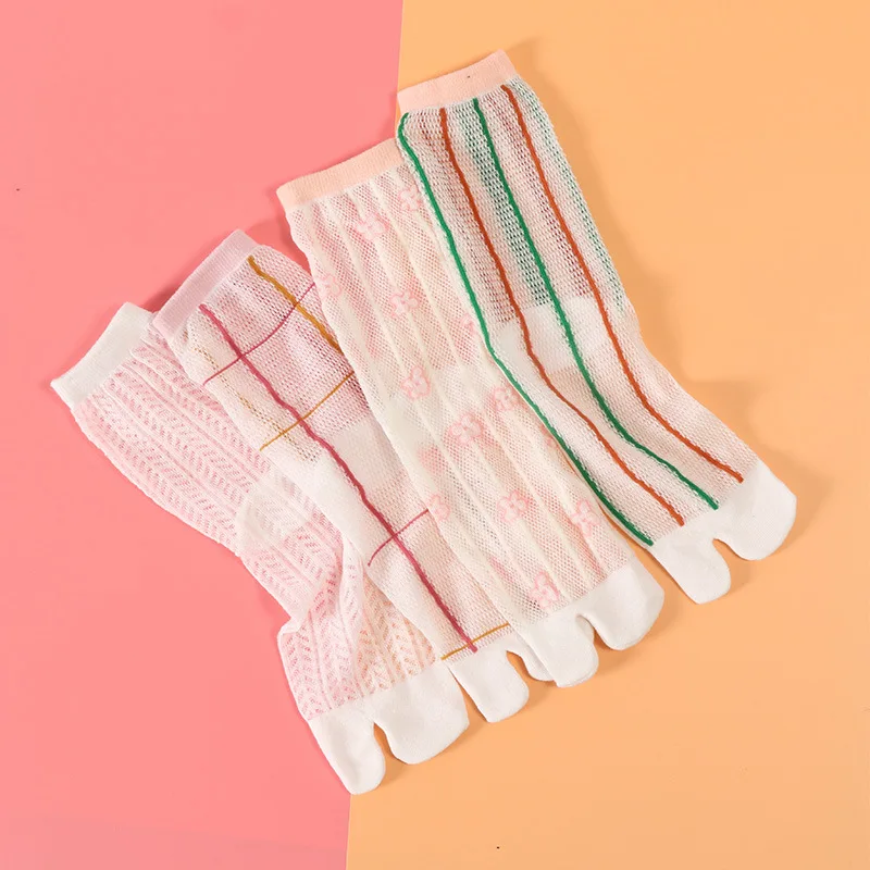 Lace Mesh Summer Two-finger Socks Women Split Toe Cotton Socks Set Pink Thin