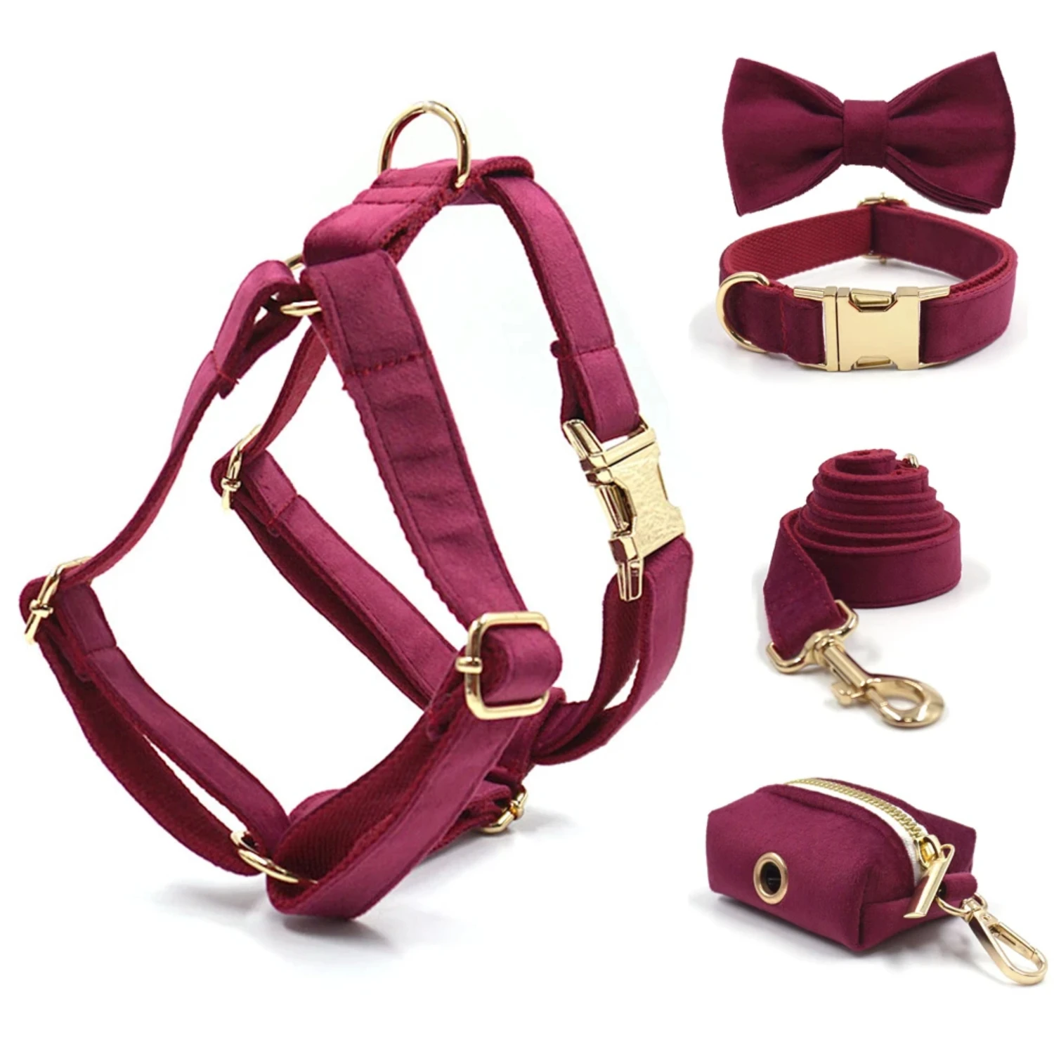 Luxurious, Elegant Burgundy Velvet Pet Set - Upgrade Your Beloved Pet's Style with Personalized Metal Buckle Thicken Dog Collar,