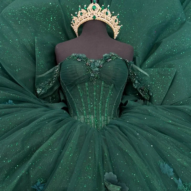 

Customized Shiny dark green Quinceanera Dresses Off the Shoulder Sequin decal 3D flower Long tail Bow Vestido De 15 Quinceanera