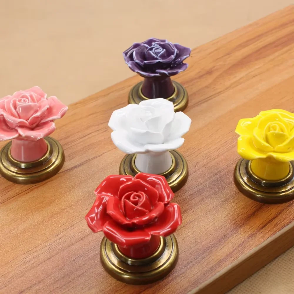1pcs European Style Ceramic Drawer Cabinet Cupboard Door Knob Furniture Handle With Metal Plate