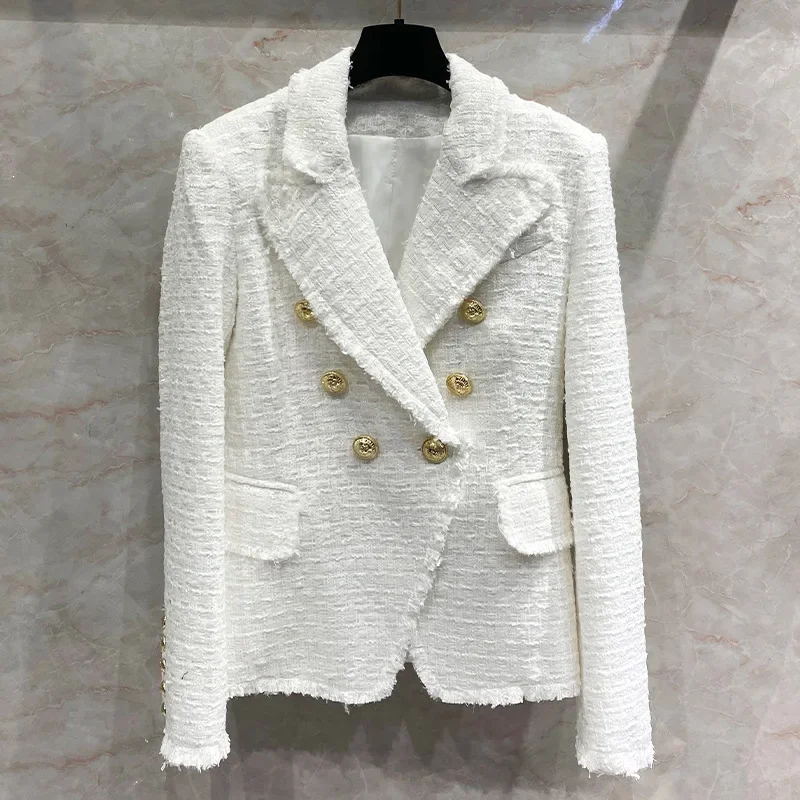 New Black and white tweed bearded coat women's versatile casual double breasted suit