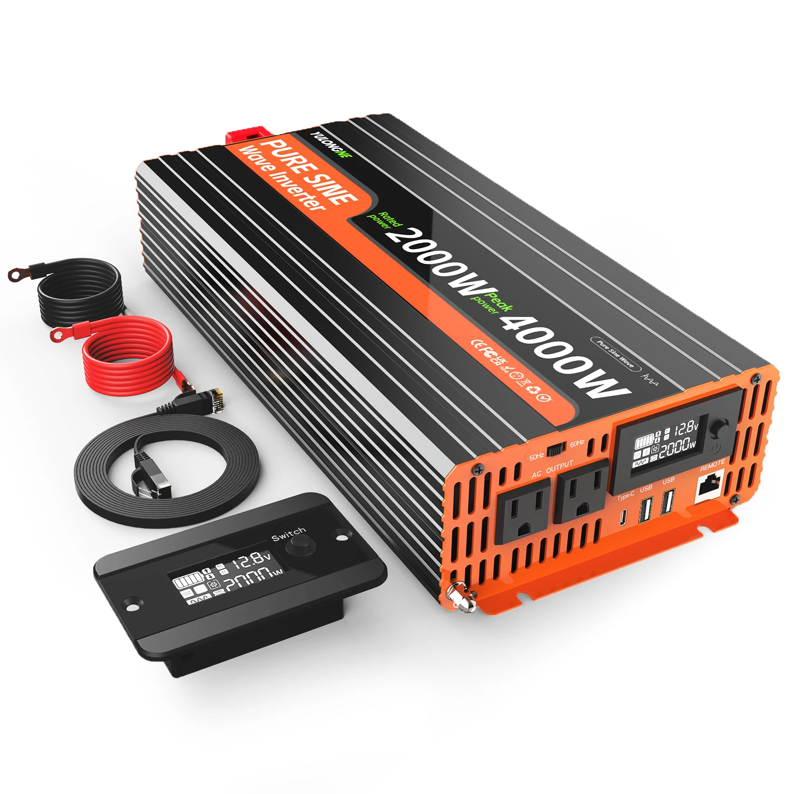 YULONGNE 2000W Pure Sine Wave Inverter DC12V to 120V AC 60Hz Transformer, Peak 4000W Power Converter with LCD Monitor & Remote Control for RV Van Off Grid Solar Battery System