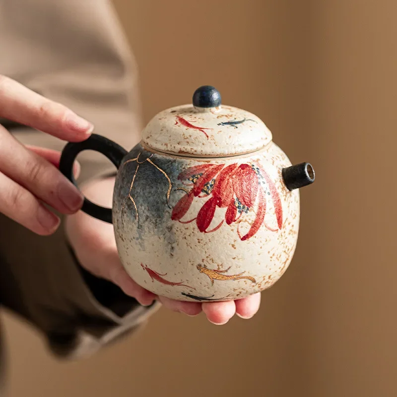 Blue and White Firestone Red Filter Teapot Suit Decoration Hand Painted Charm of Koi Small Spoon Pot Tray