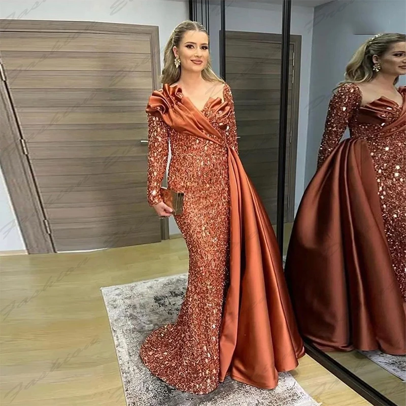 Vestidos de Noche largos sexys para mujer, vestidos elegantes con cuentas exquisitas románticas, cuello en V profundo, mangas largas, línea A, moda, fiesta de graduación