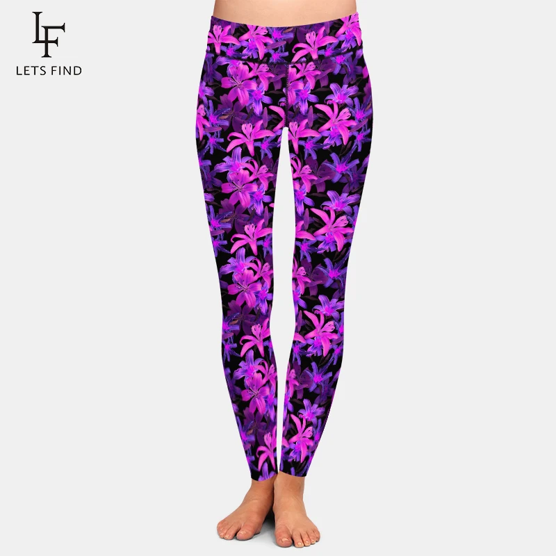 

LETSFIND Beautiful Flowers Style Lilies Printing High Quaility Leggins High Waist Elastic Slim Workout Leggings