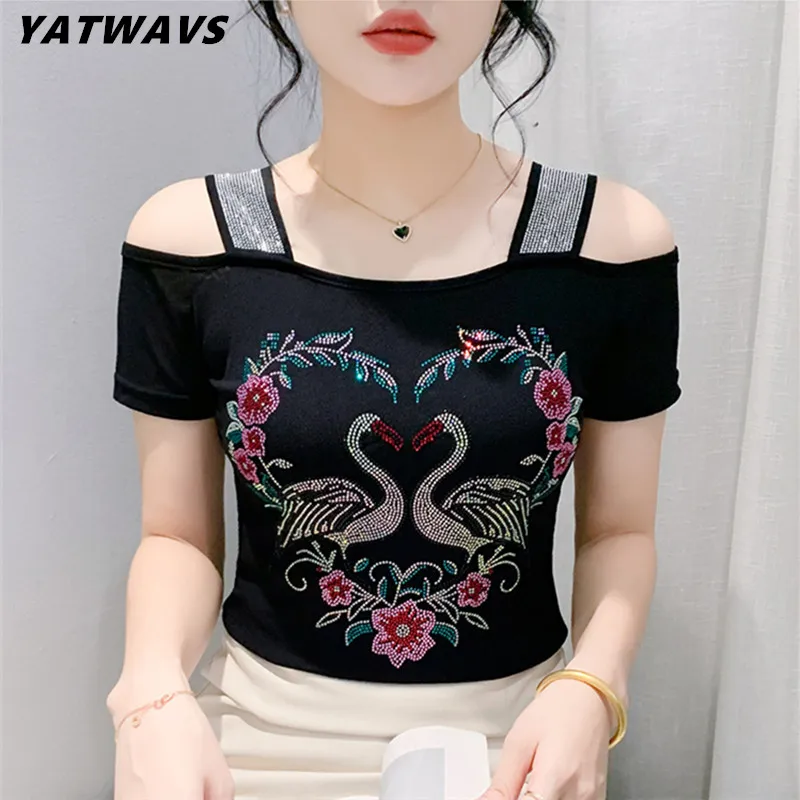 M-3XL Streetwear Meisje Zomer Cartoon Ontwerp Hot Diamanten T-Shirt Vrouwen Sexy Off Shoulder Slanke Mesh Tops Chique Luxe Bloem T-Shirts