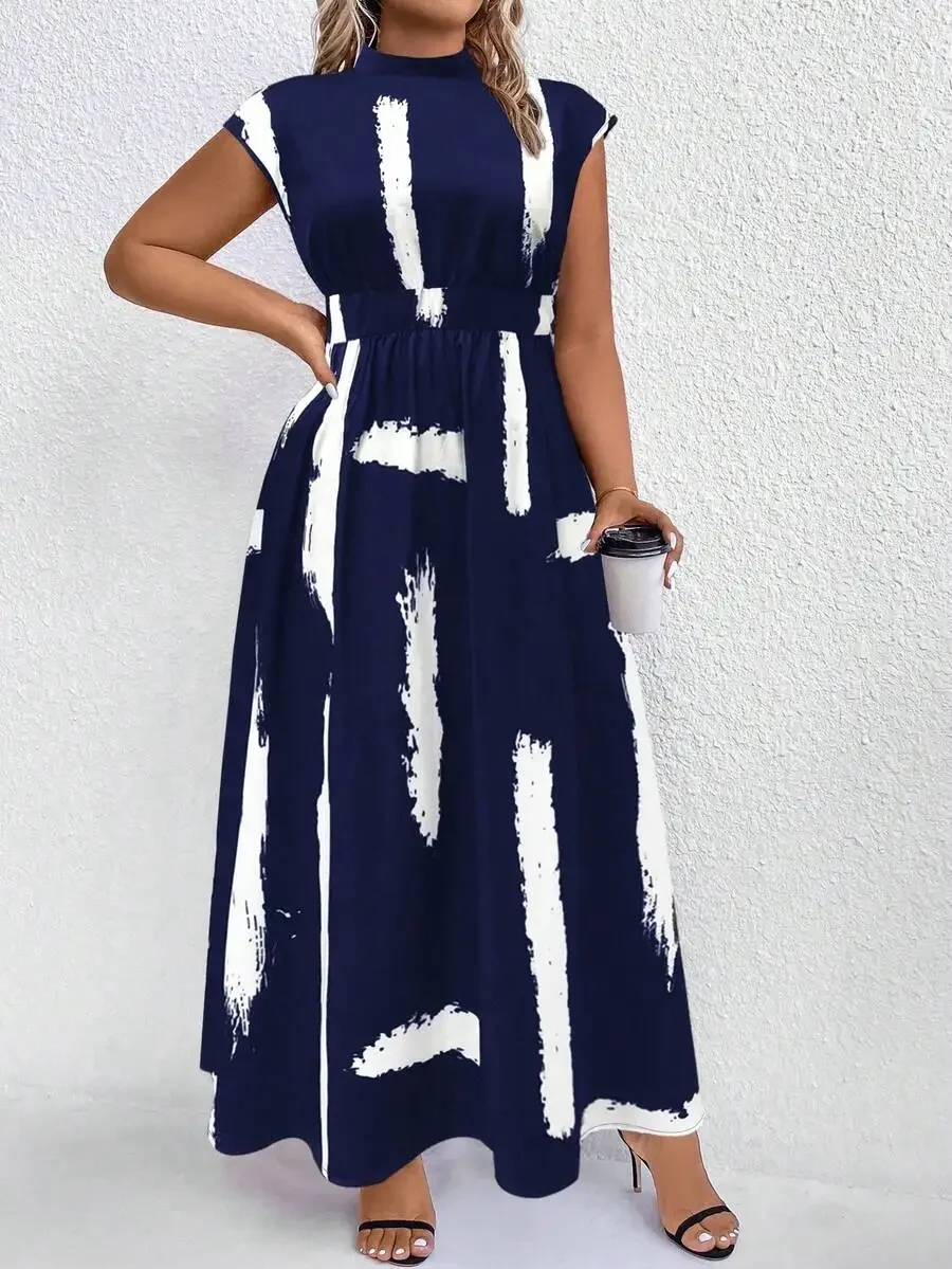 

Blue Abstract Print Mock Neck Maxi Dress Women Casual Outfit