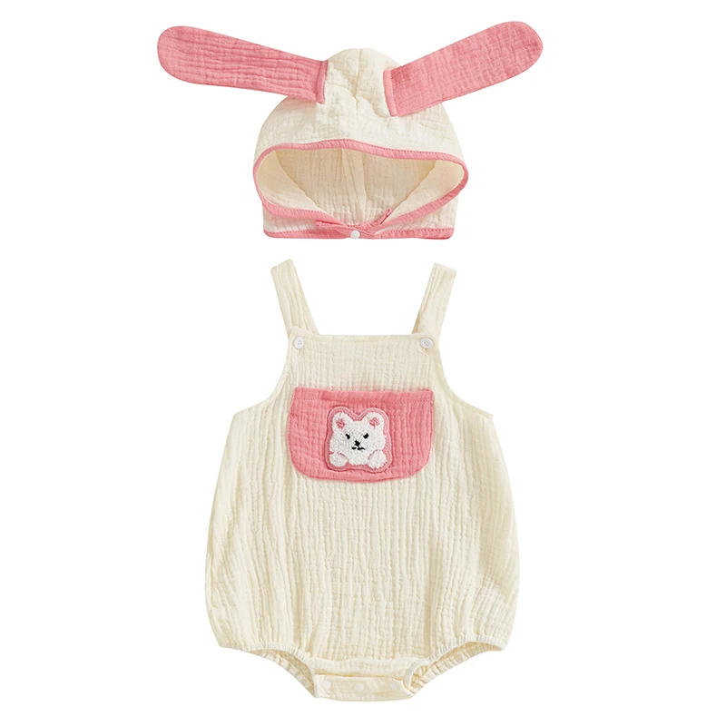 

Baby Girl Summer Overall Romper Bunny Embroidery Sleeveless Jumpsuit with Hat 2 Pcs Set