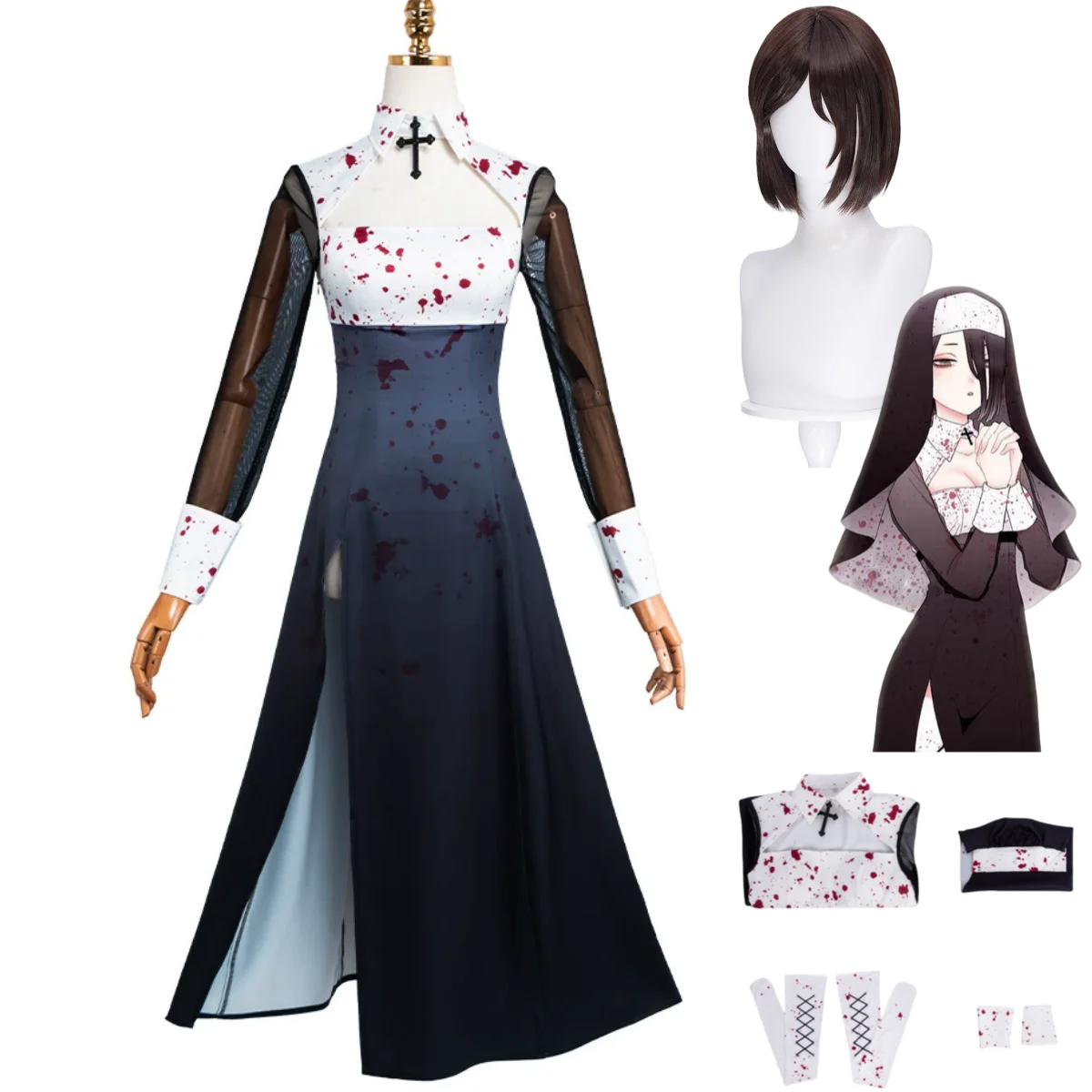 Anime My Dress-Up Darling Kitagawa Marin Cosplay Costume Nun Black and White Dress Wig Woman Sexy Christmas Carnival Suit