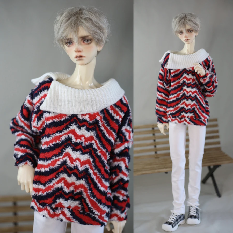 New Red White Black Large Lapel Off Shoulder Pullover 1/4 1/3 Trendy Striped Sweater Top DD MSD Uncle POPO68 BJD Doll Clothes