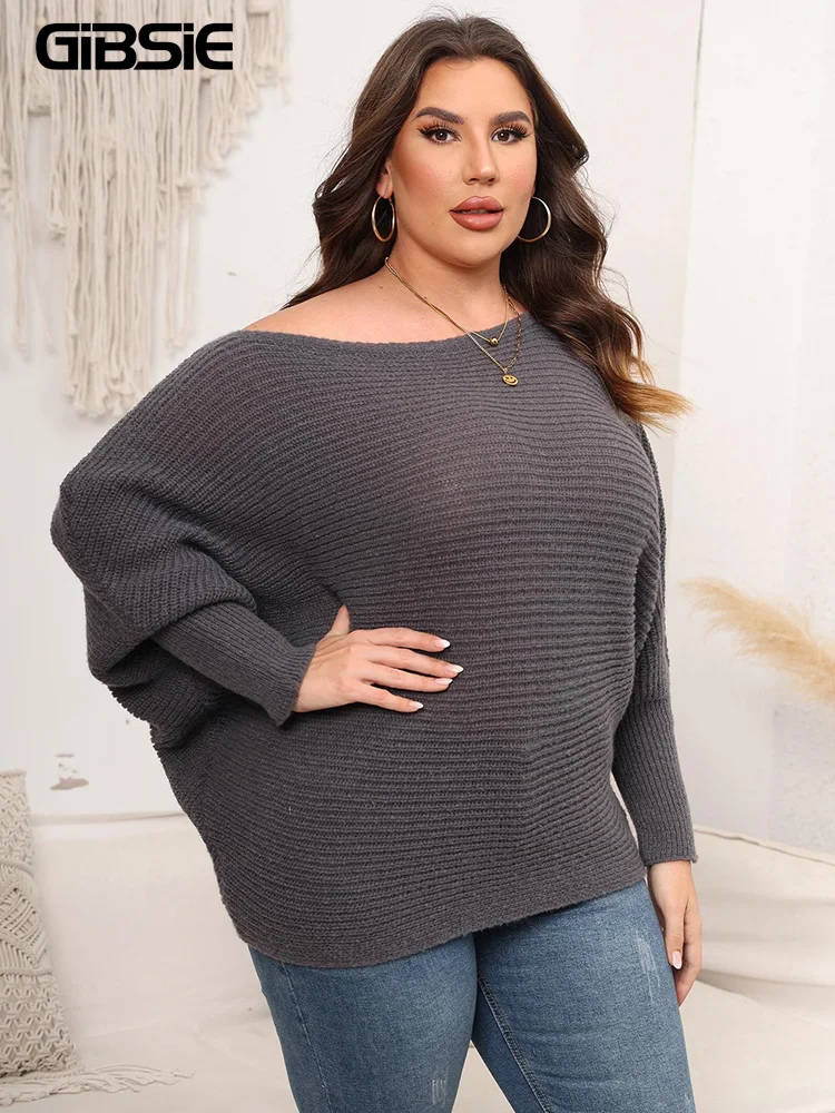 GIBSIE Plus Size bez ramion dzianinowy sweter damski 2023 jesienny Batwing z długim rękawem luźny pulower na co dzień sweter dla kobiet