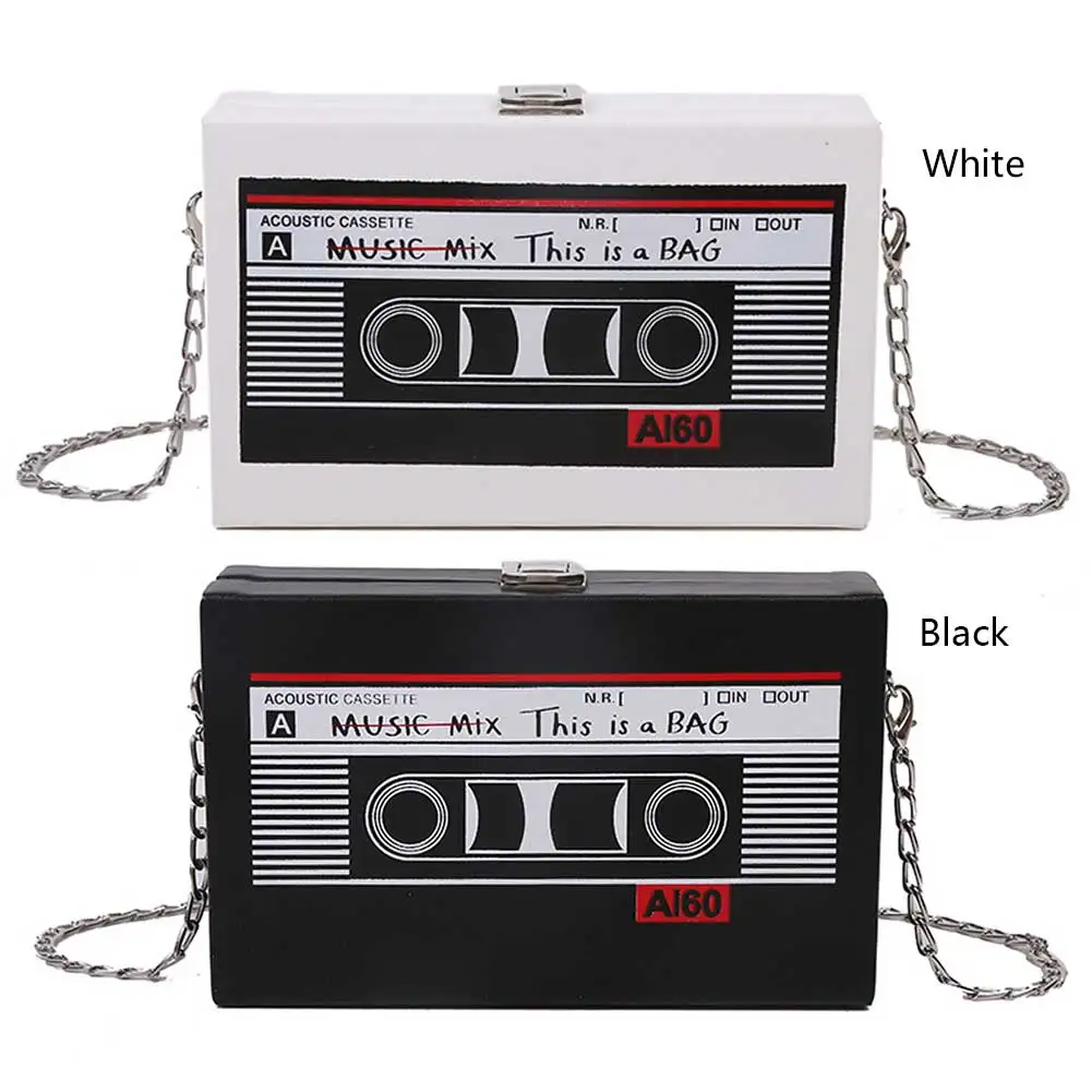 Women Cute Sling Bag Radio Shape Mini Chain Purse PU Leather Tape Recorder Print Ladies Daily Commute Bag