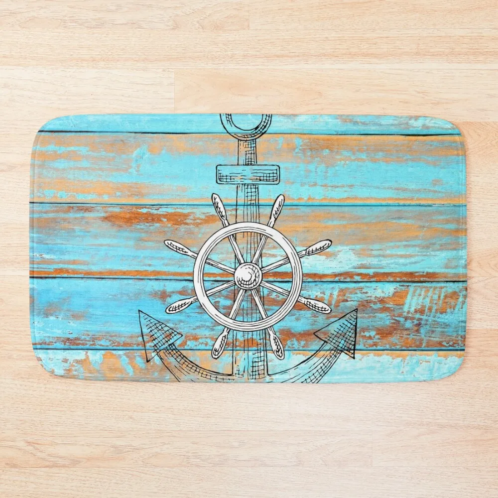 Preppy 1980s Rustic Nautical Turquoise Blue Beach Wood Ships Anchor Bath Mat Entrance Door Quick-Drying Bathroom Mat