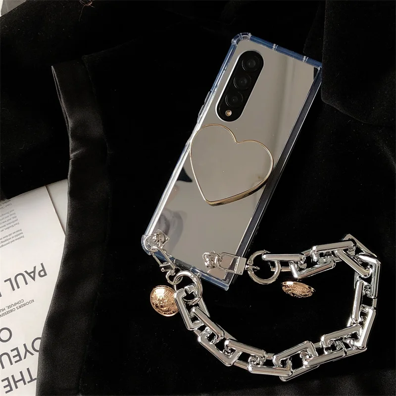 Love Heart Bracket Full View Makeup Mirror Shockproof Phone Case For Samsung Galaxy Z Fold 6 5 4 3 Silver Thick Bracelet Cover