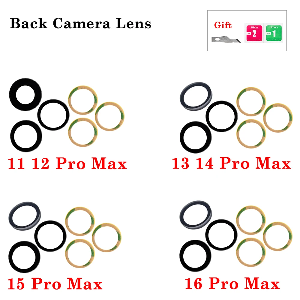 2 комплекта, абсолютно новое стекло объектива задней камеры с клеем для iPhone 11 12 13 14 15 16 Pro Max Mini Plus, запасная часть