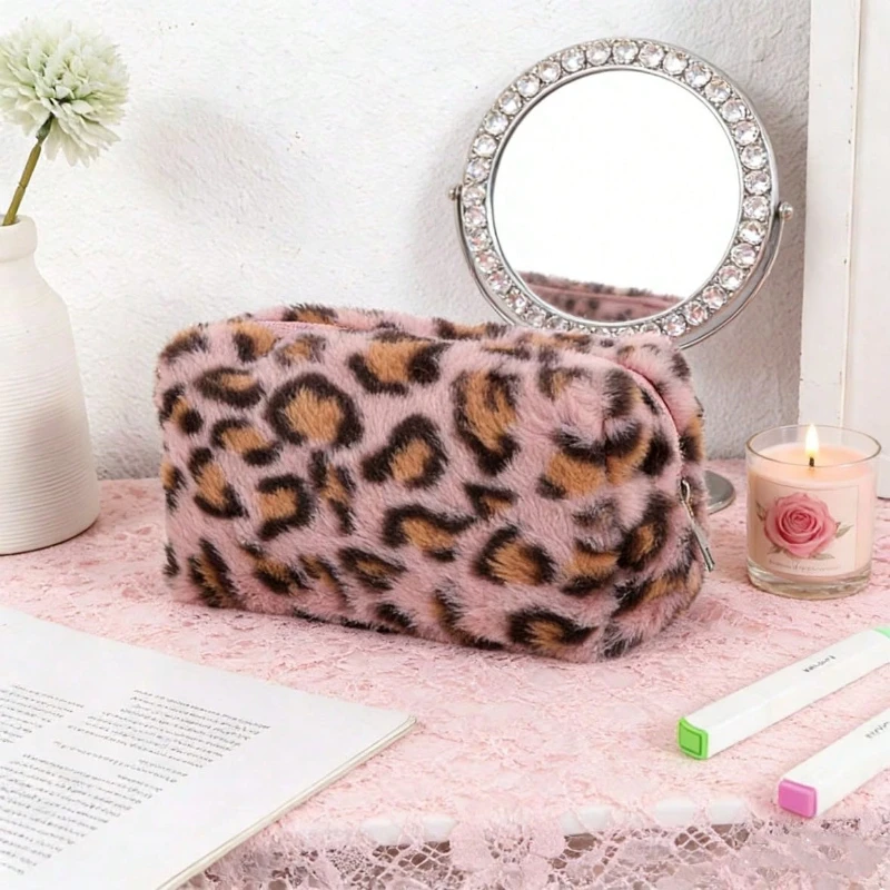 Trendy Leopard Print Fluffy Plush Makeup Bag Large Capacity Zipper Portable Travel Cosmetic Pouch Gift MultiColor Daily Storage