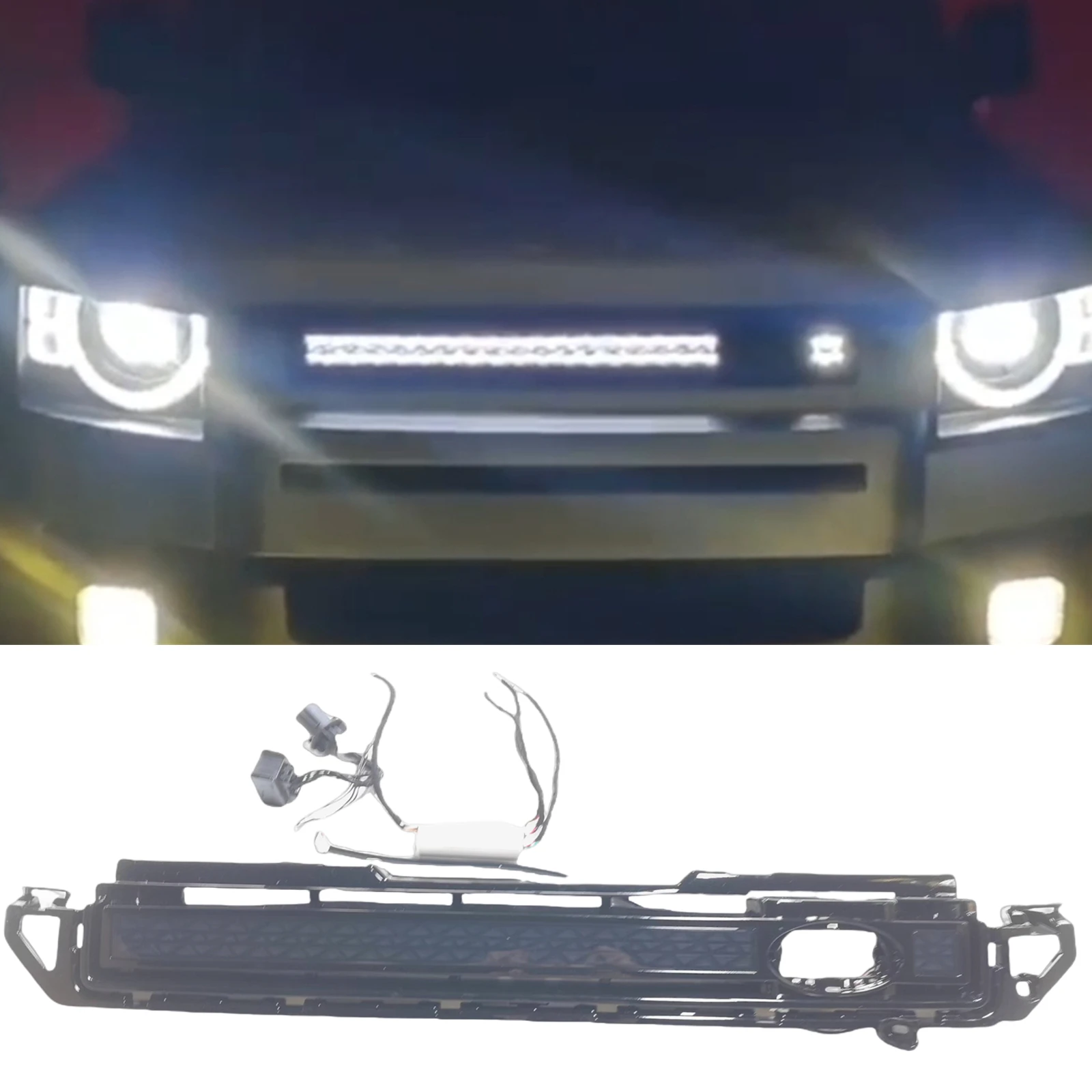 

For Land Rover Defender 90 110 130 2020-2024 Front Grille Racing Grill Upper Bumper Hood Mesh Grid With LED Light