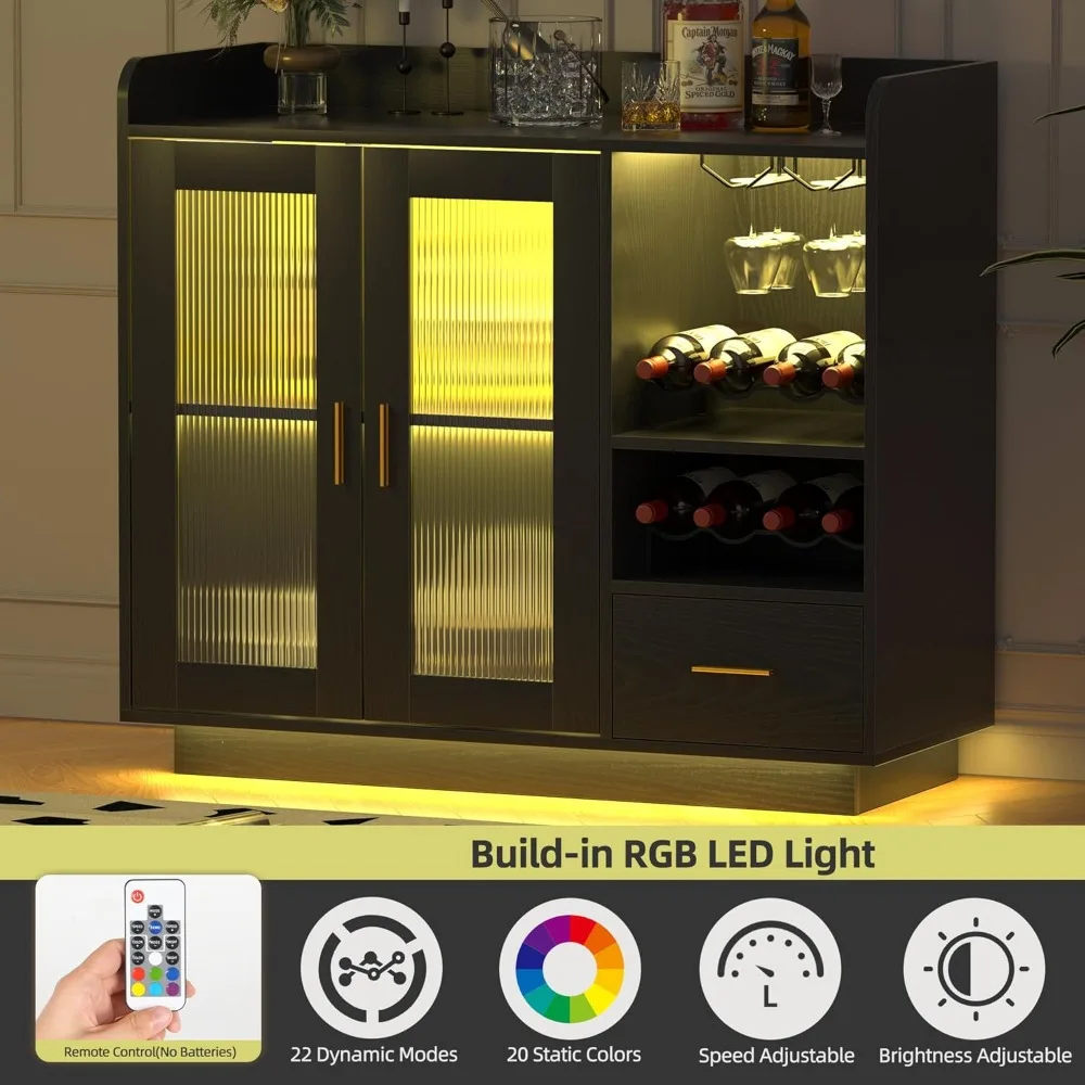 Lemari Bar Anggur Hitam dengan Lampu LED Kontemporer, Desain Mengambang untuk Penyimpanan Kopi, Bufet Dapur, Lebar 35,43 x Tinggi 15,7