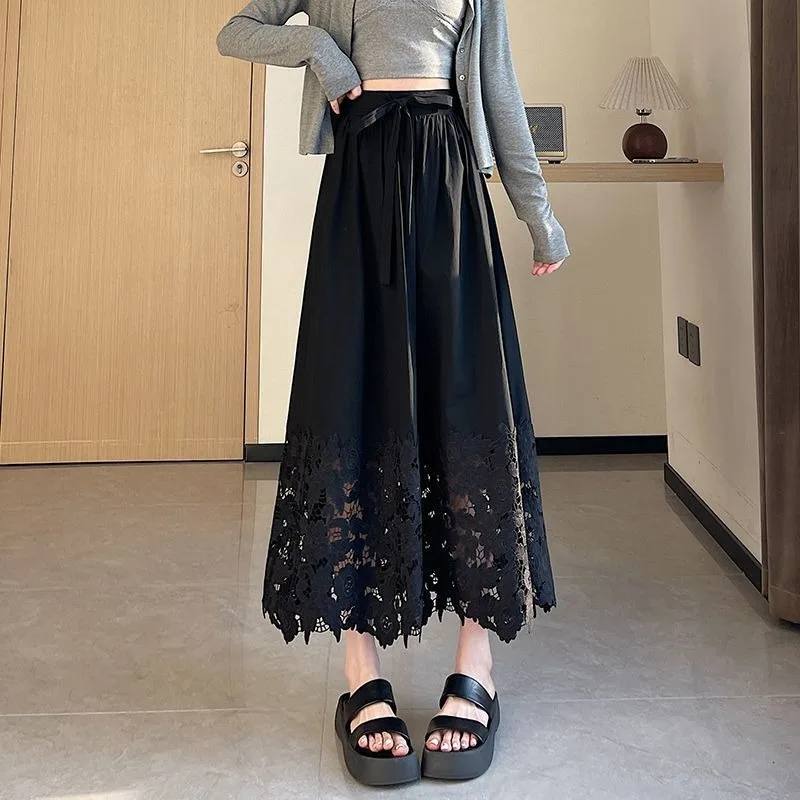 2026 Summer Crochet Sweet Elegant A-line Long Skirts Women High Waist Skirt Korean French Style Fashion White Skirt Hollow Out