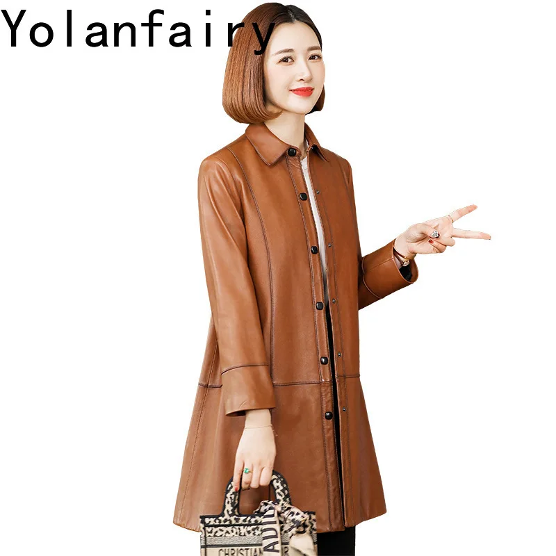 

YOLANFAIRY Genuine Leather Sheepskin Outwears Spring Autumn Long Coats Loose Jacket Women POLO Collar Jackets Jaqueta Feminina