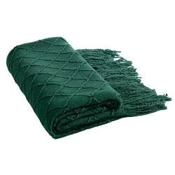 Dark Green Gift Knitted Throw Blankets with Tassel Cozy Vintage Farmhouse Textured Throw Blanket Home Décor Manta Para Sofá