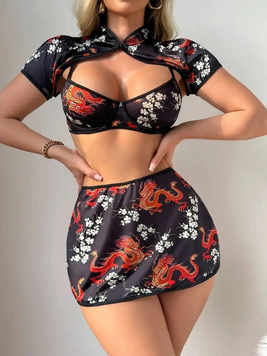 Women's New Sexy Uniform Sexy Hot Series Ethnic Style Pattern Skirt Sets Pure Desire Casaul Short Sleeved Skirt Sets Charm 24PB image 2