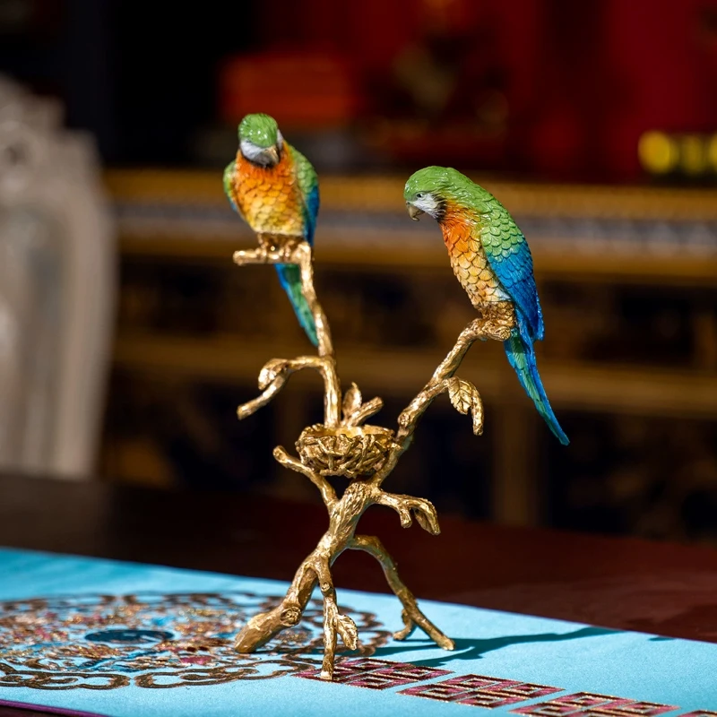 Brass Porcelain Parrots Sculpture For Home Tabletop Decoration 23cm 9 Inch High Hand Colored Gold Leaves Branch With Bird's Nest