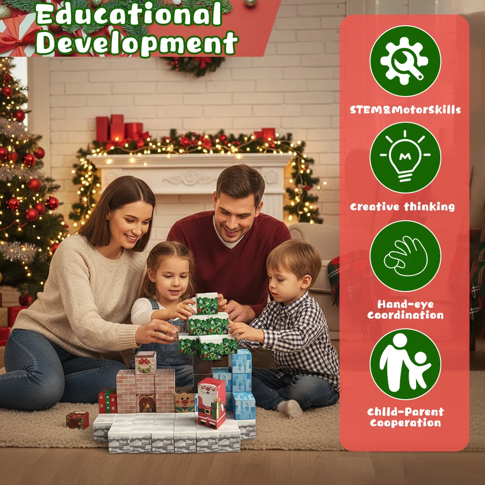 50個入り カラフルなクリスマス マグネット式 積み木 クリエイティブな教育的DIY 積み重ねキューブ 家族で楽しめるマグネットおもちゃ 子供へのプレゼント