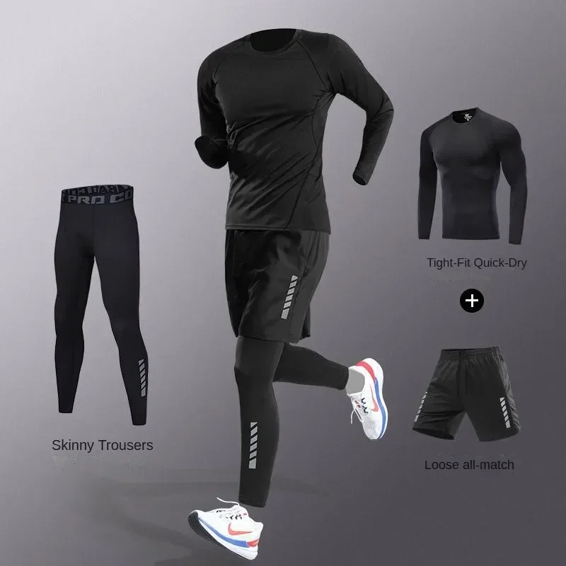 Men's 3-5 Pcs Ice Silk Compression Tracksuit Quick Dry Tight Training Outfit With Long Pants For MMA Jogging Cycling Fitness