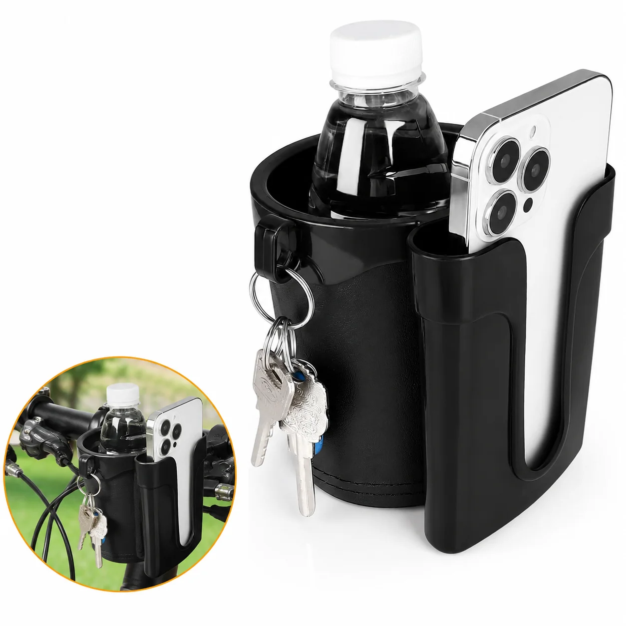3-in-1 Bike Cup Holder Multifunctional with Cell Phone & Key Storage Rack Universal for Bicycle Motorcycle Scooter Stroller