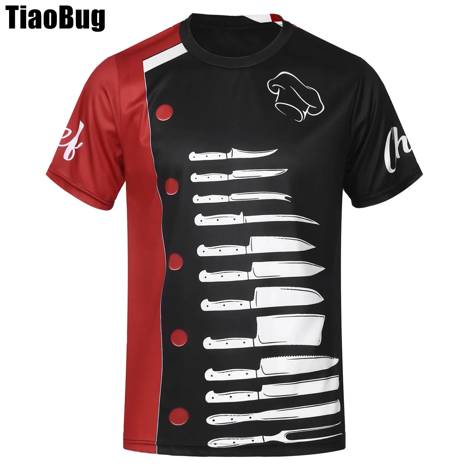 Mens Print Chef T-Shirt Contrast Color Hotel Restaurant Kitchen Costume Casual Round Neck Short Sleeve T-shirt