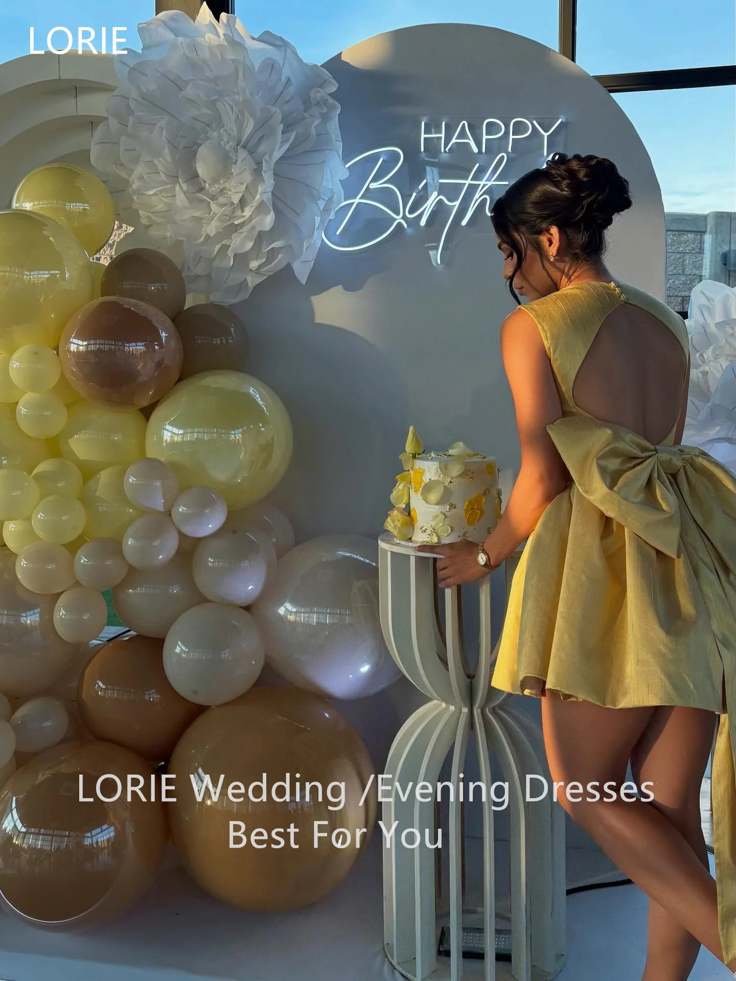 SoDigne Cute Bow Tie Yellow Satin Evening Dresses Square Collar  Backless Party Dress A-Line Home Coming  Prom Gowns