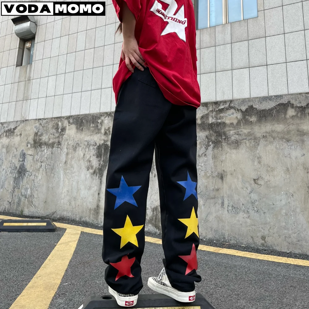 

Harajuku Printed Jeans Men and Women Street Punk Loose Straight Wide-leg Pants Fashion Hip-hop Trend Men's Jeans 2023 New