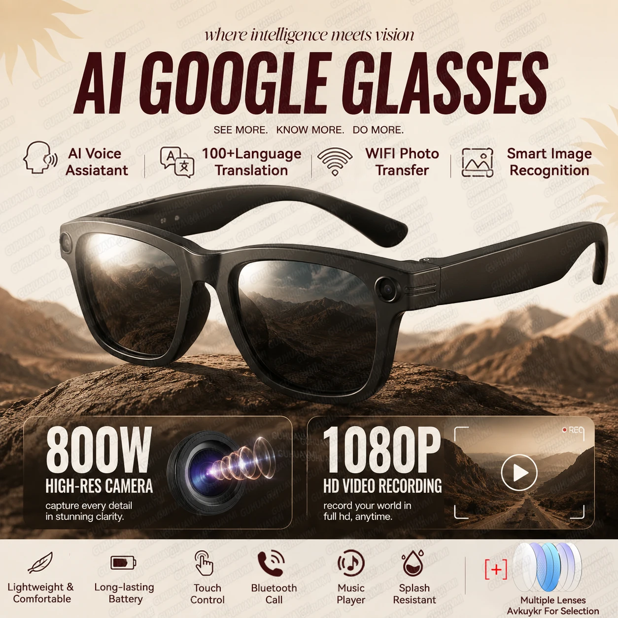 2026 New Photochromic Smart Glasses Men 8MP HD Camera 1080P Video Recording AI Translation AI Chat Image Recognition Call Glasse
