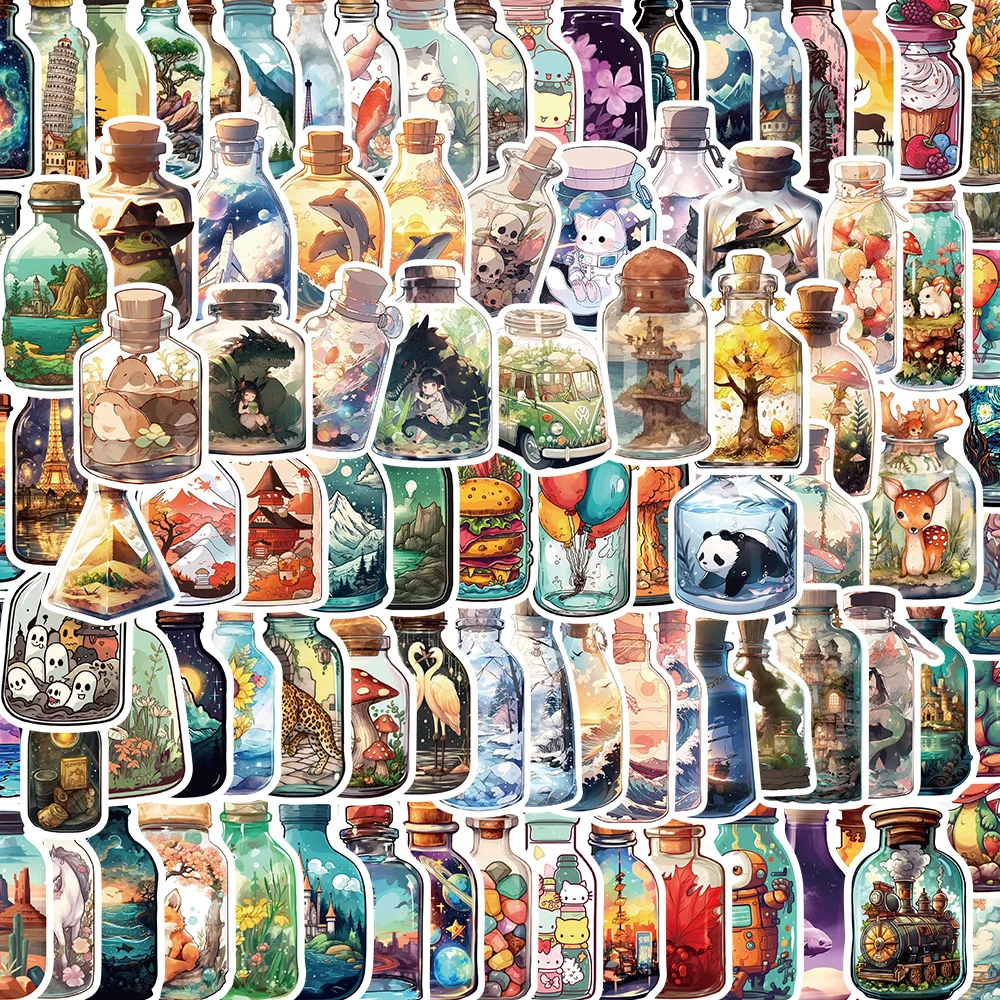 10/30/50/100PCS Cute Bottle World Cartoon Stickers Simple INS Style Aesthetic Luggage DIY Graffiti Girl Gradient Funny Sticker