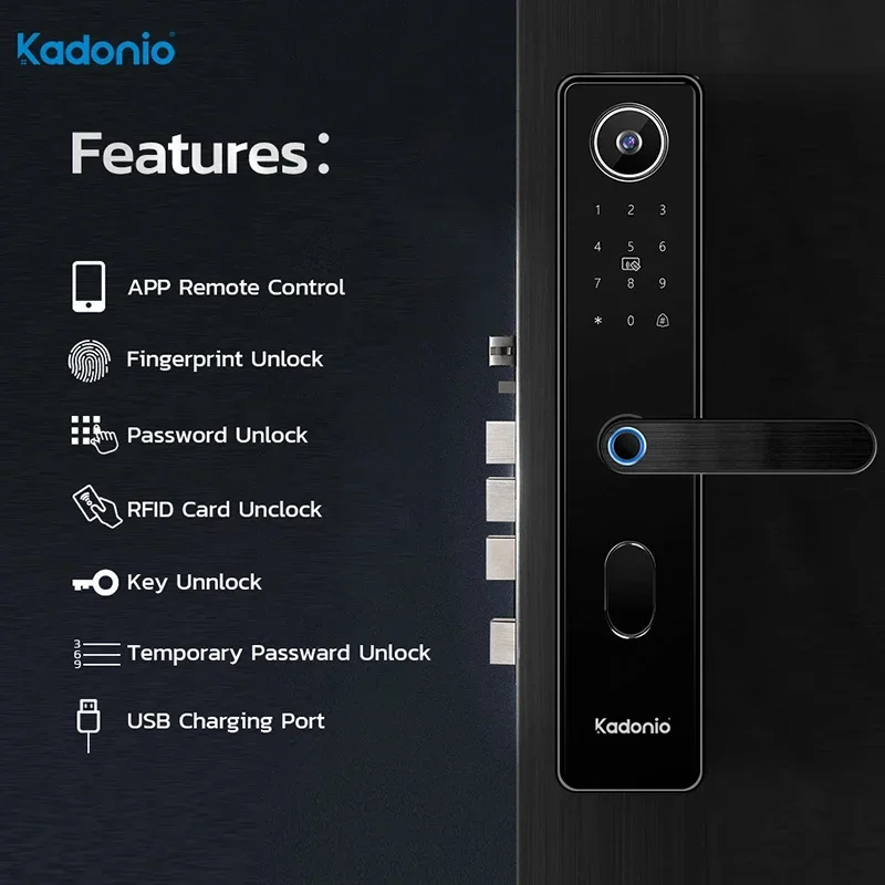 Kadonio Built-in Screen Remote Unlock Tuya WiFi Digital Electronic Smart Door Lock With Camera