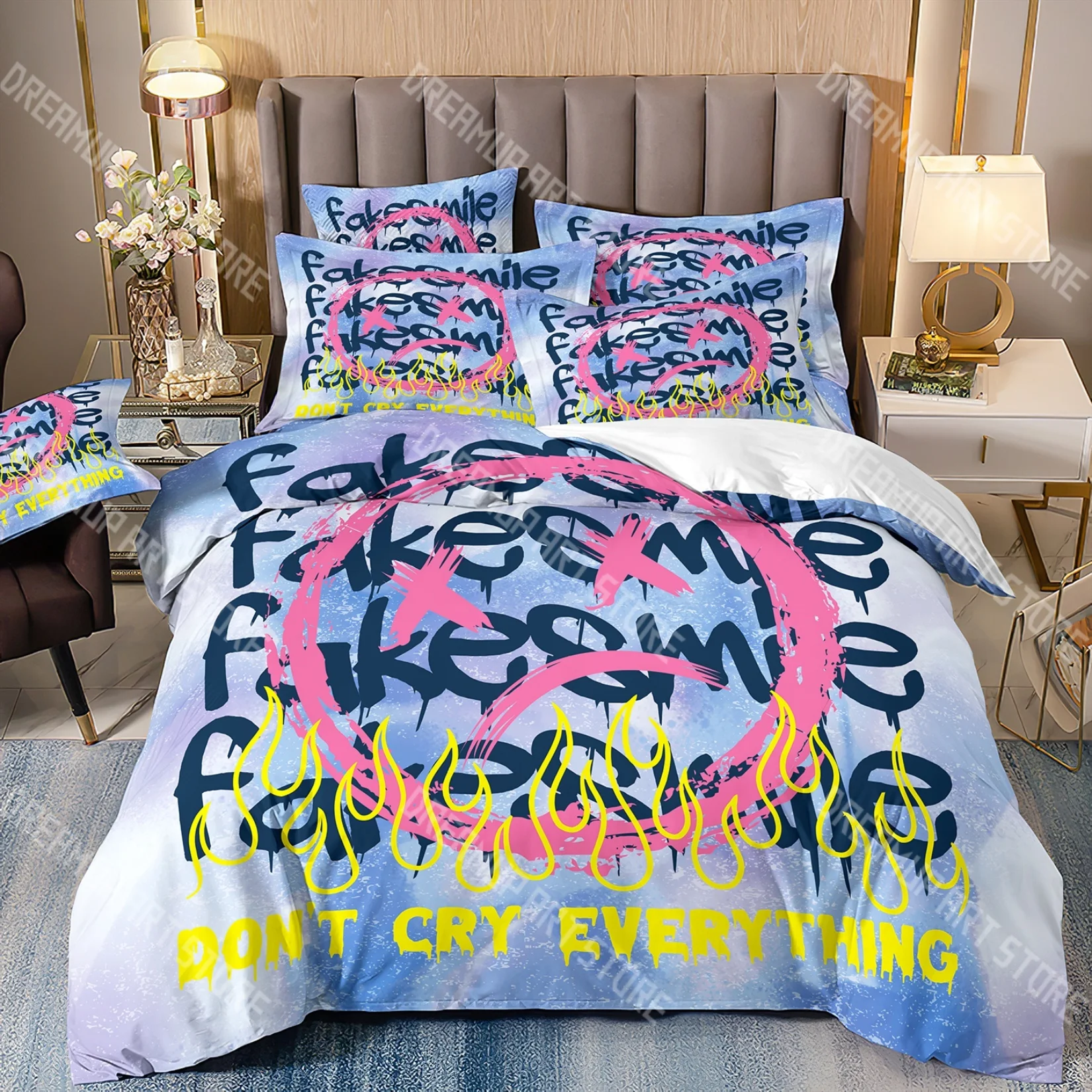 Fashion Smiling Face Graffiti Bedding Set Single Twin Full Queen King Size Bed Set Kids Bedroom Duvetcover Sets Bed Sheet Set