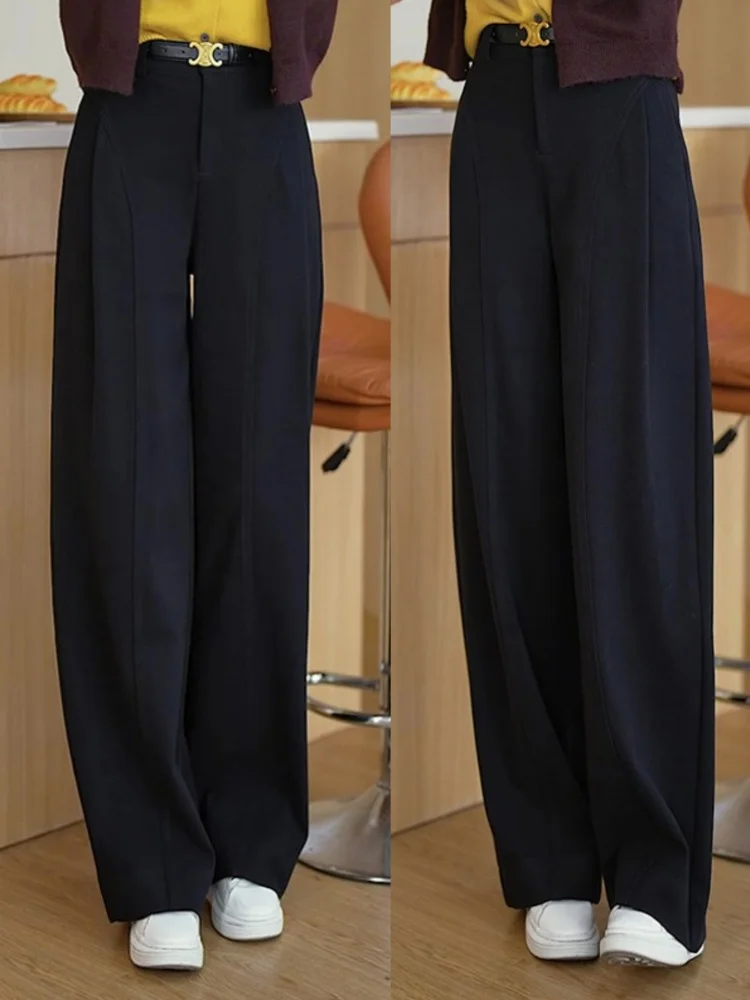 Damskie spodnie wełniane z wysokim stanem, proste nogawki, zwiewne, szerokie nogawki typu banana, spodnie garniturowe, spodnie typu knife, do pracy, eleganckie.