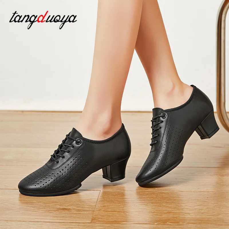 Sapatos de Dança Latina de Couro Genuíno para Mulheres, Saltos Quadrados, Saltos Modernos de Salão, 3.5 5cm